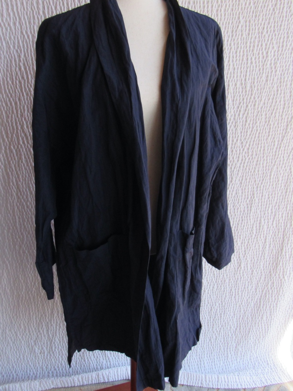 Eileen Fisher Navy Blue Crinkle Jacket Open Cardigan Organic Cotton Blend Large